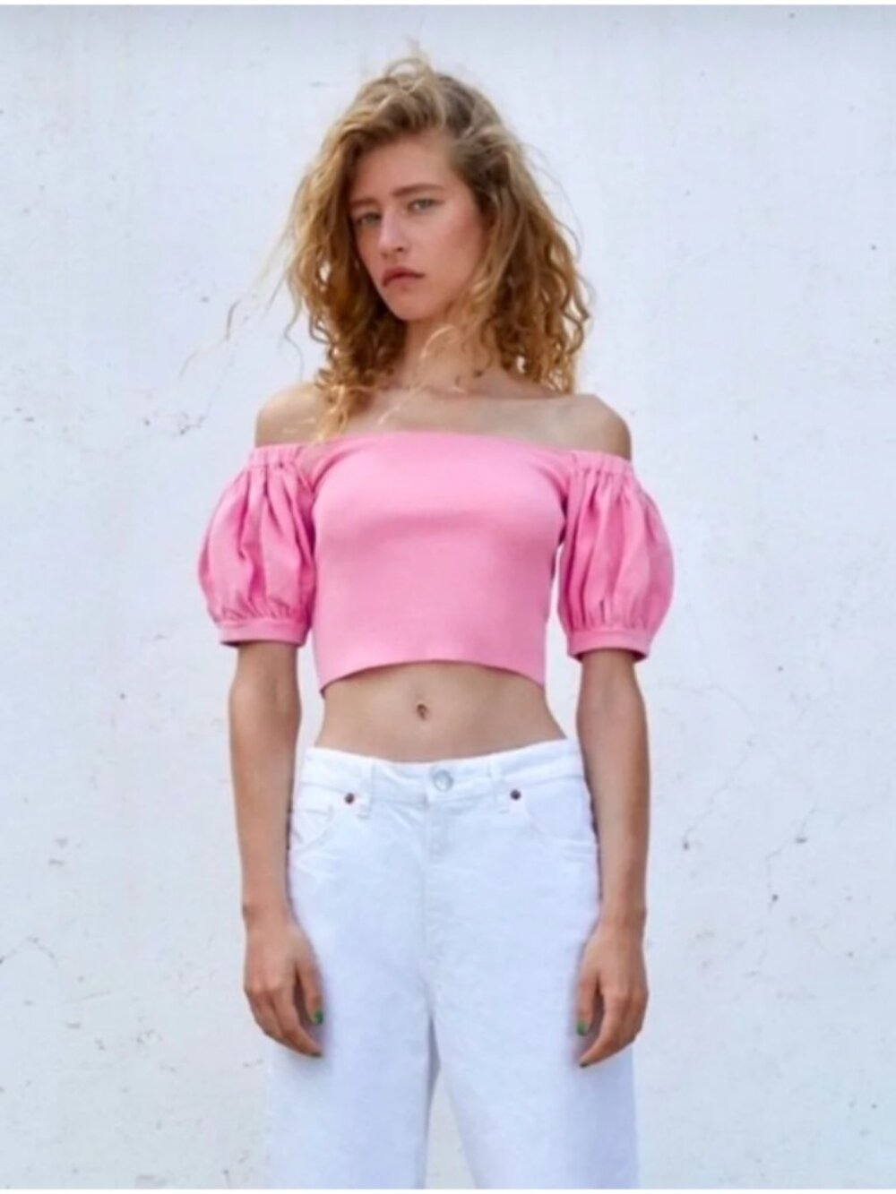 NWOT Zara Pink Puff Sleeves Off the Shoulder Knit Top Ref. 8689/102/620 Sz XS